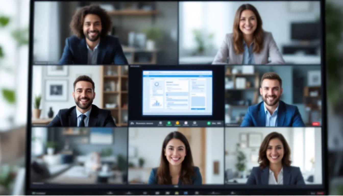The image displays a video call interface featuring multiple participants engaged in a professional meeting, showcasing an intuitive user experience typical of leading SaaS websites. The layout includes clear structure and engaging visuals, emphasizing effective communication among users.
