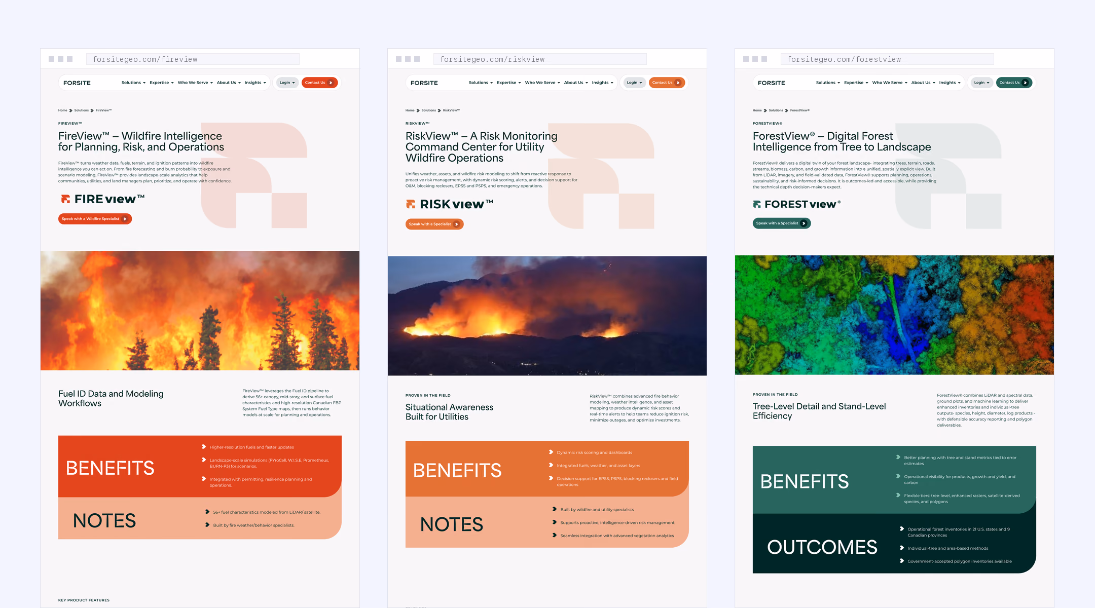 FireView, RiskView and ForestView product pages on the consolidated Forsite GEO site