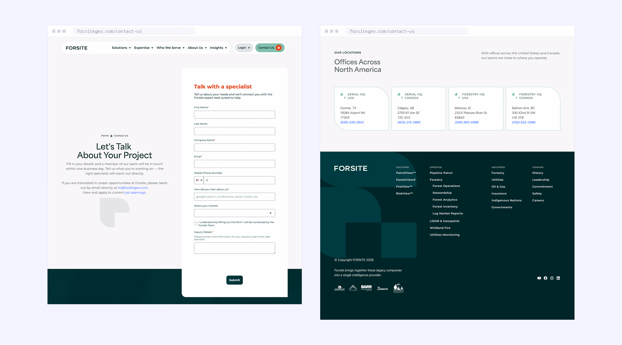 Forsite GEO contact page with the specialist form, North American office locations and site footer